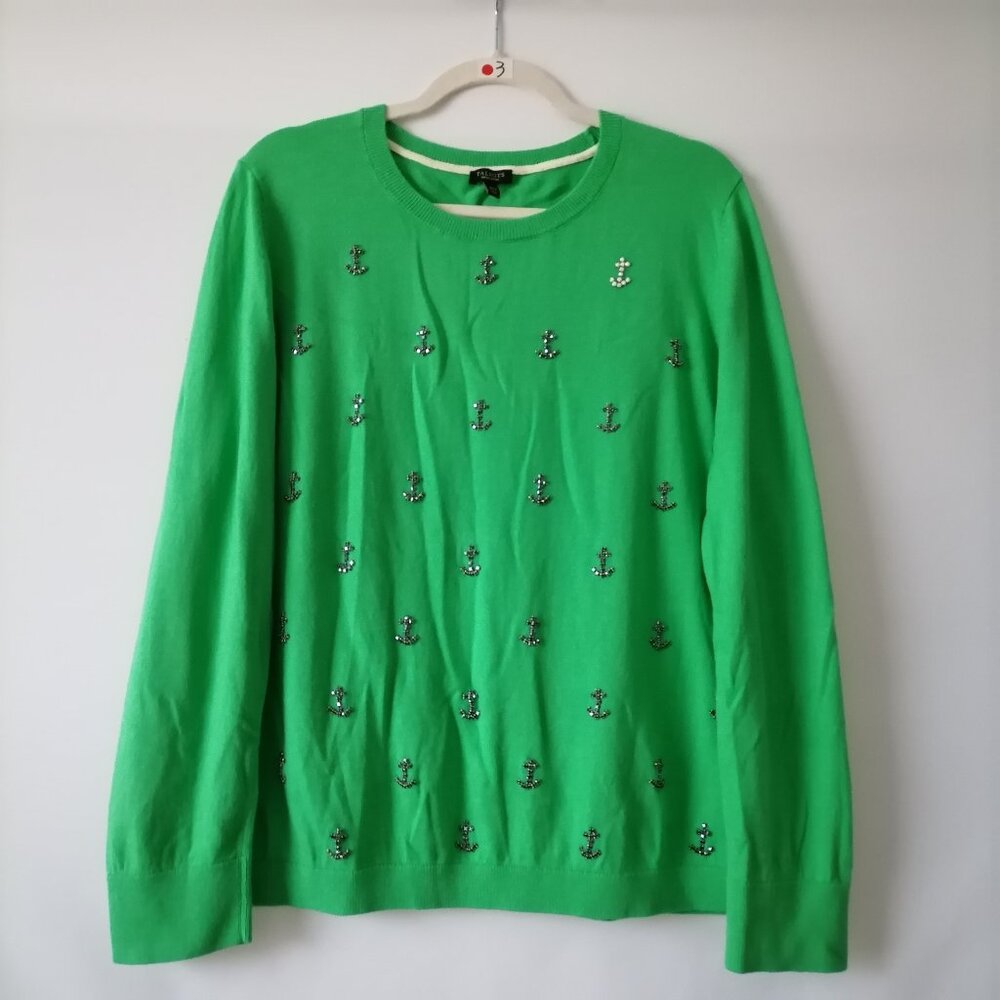 Talbots Womens Green Crew Neck Beaded Detailing Anchor Pullover Sweater Size 3XP
